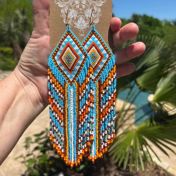 Native American Style Earrings Handmade Beaded Long Fringe Southwest Dangles - Picture 2 of 9